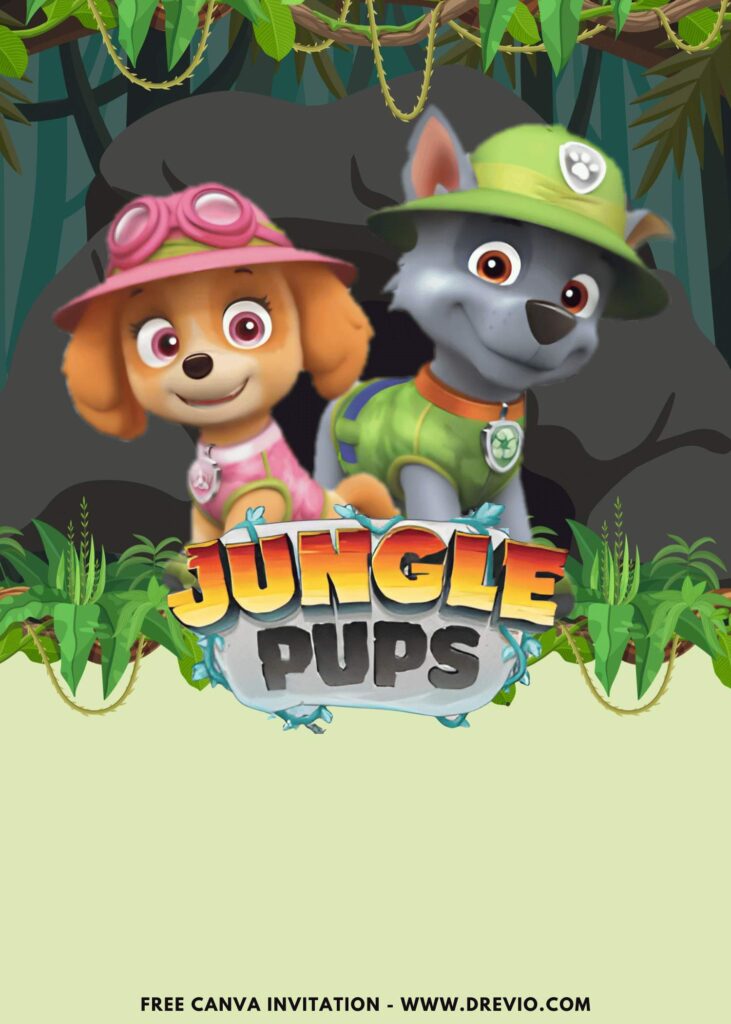 Free and Editable Skye and Rocky Paw Patrol Jungle Pups Birthday Invitation Templates Made in Canva. Customize Online for free