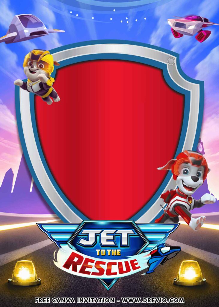 Free and Editable Lovely Cute PAW Patrol Jet to the Rescue Birthday Invitation Templates Made in Canva. Customize Online for free