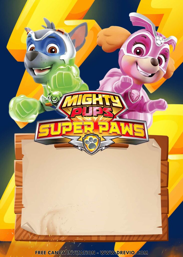 Free and Editable Rocky and Skye  PAW Patrol Mighty Pups Super PAWS Birthday Invitation Templates Made in Canva. Customize Online for free