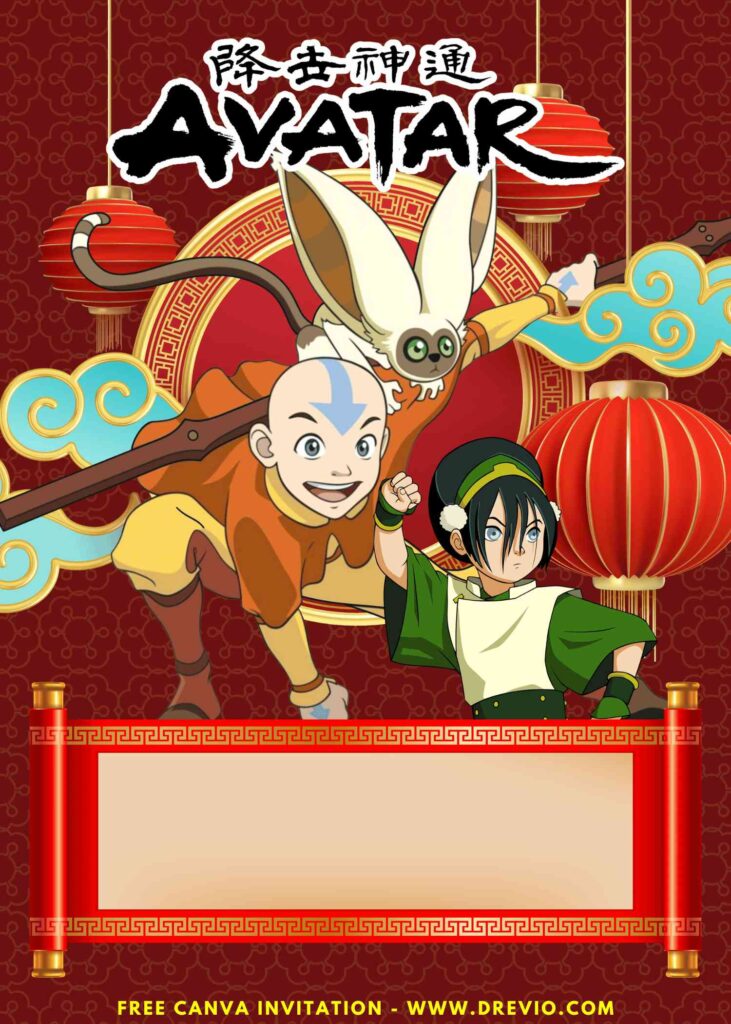 Free and Editable Avatar Aang and Momo Birthday Invitation Templates Made in Canva. Customize Online for free