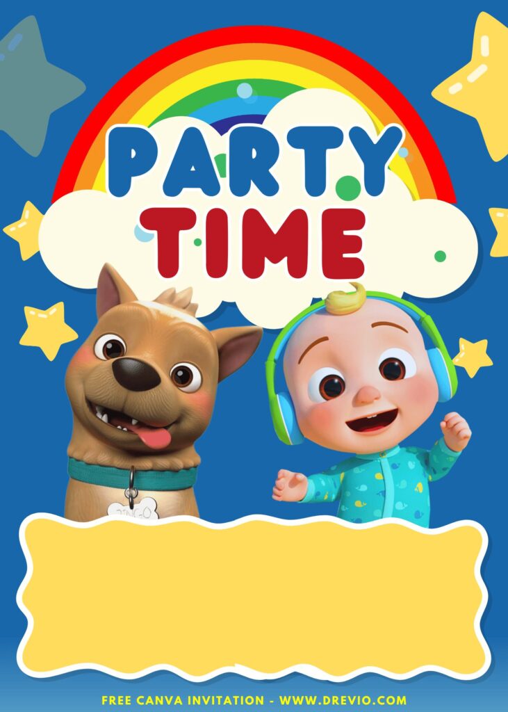Free and Editable Bingo the Dog and JJ Cocomelon Party Time Birthday Invitation Templates Made in Canva. Customize Online for free