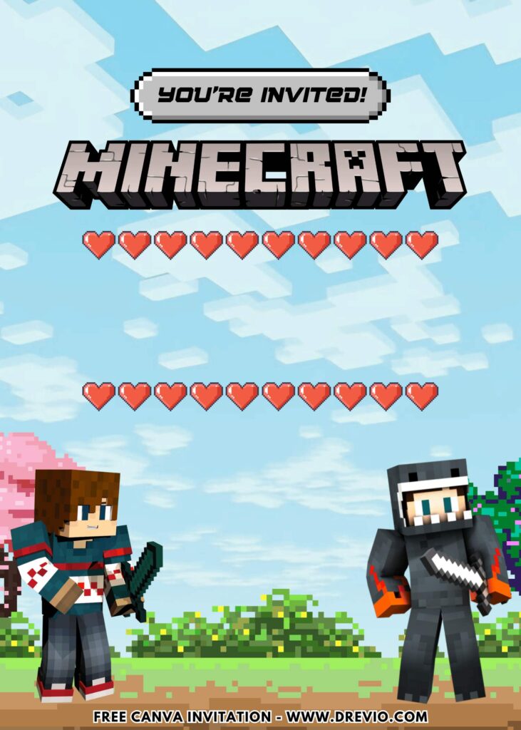 Free and Editable Minecraft Swordman Birthday Invitation Templates Made in Canva. Customize Online for free