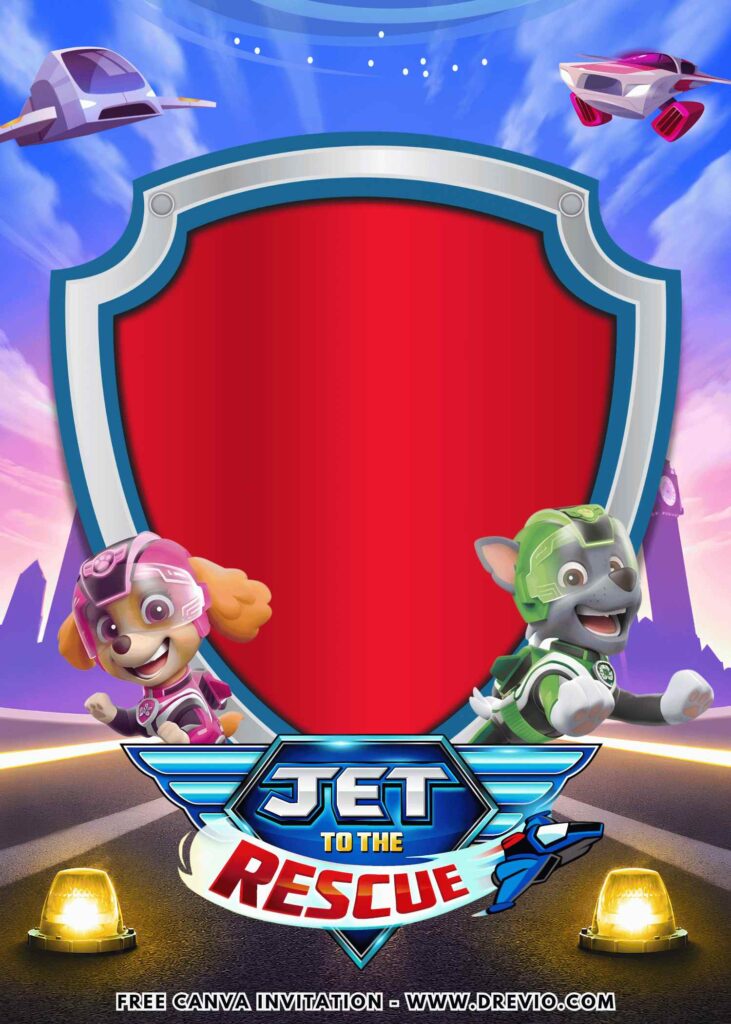 Free and Editable Skye and Rocky PAW Patrol Jet to the Rescue Birthday Invitation Templates Made in Canva. Customize Online for free