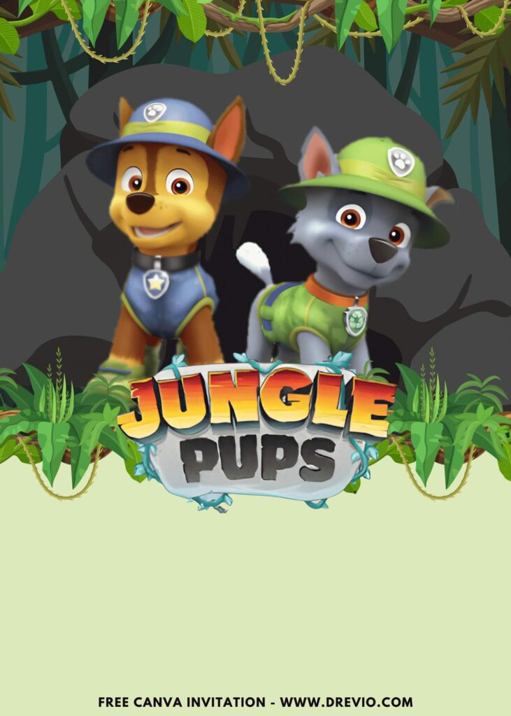 Free and Editable Chase and Rocky Paw Patrol Jungle Pups Birthday Invitation Templates Made in Canva. Customize Online for free