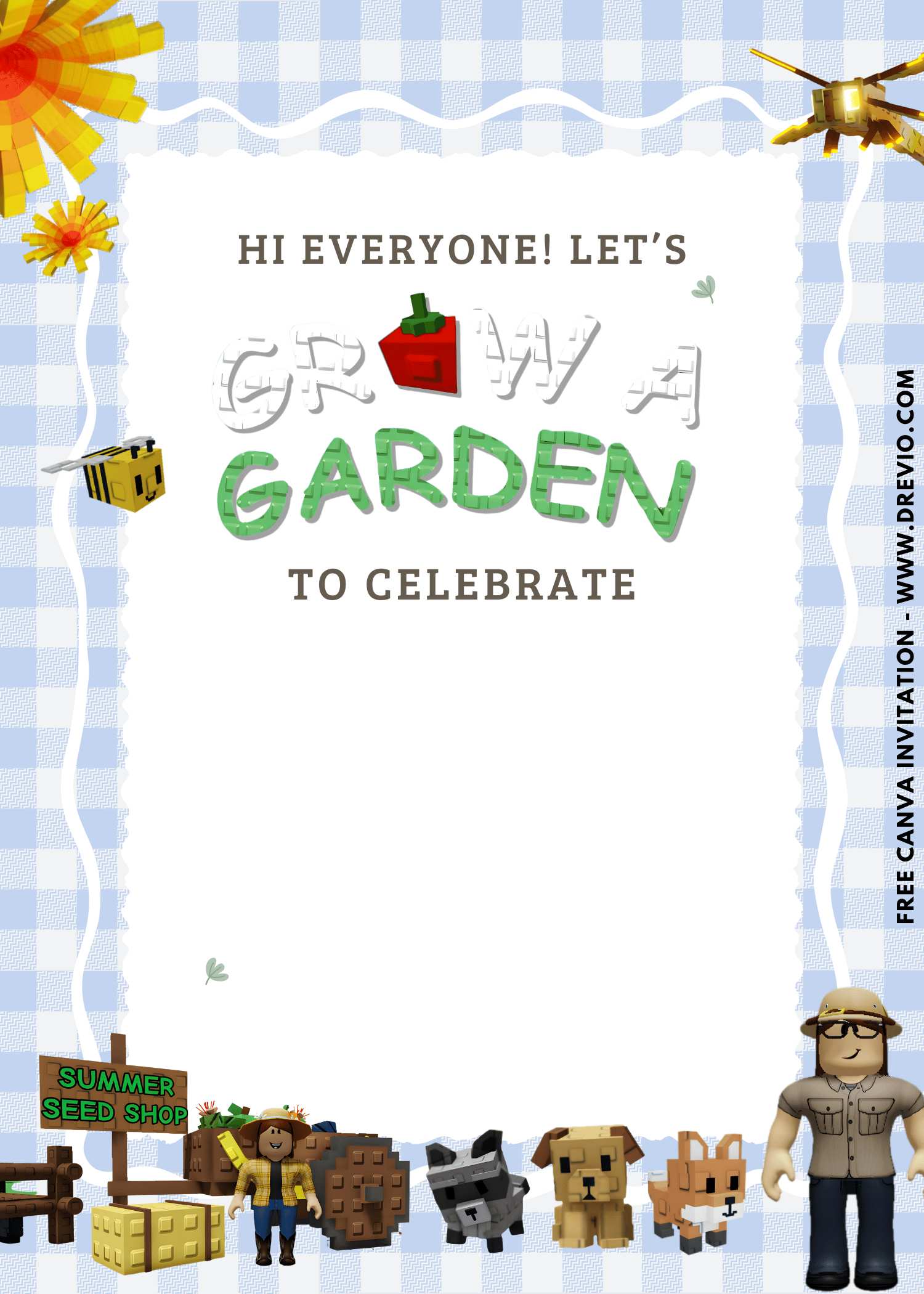 Free and Editable Picnic Day Roblox Grow A Garden Birthday Invitation Templates Made in Canva. Customize Online for free