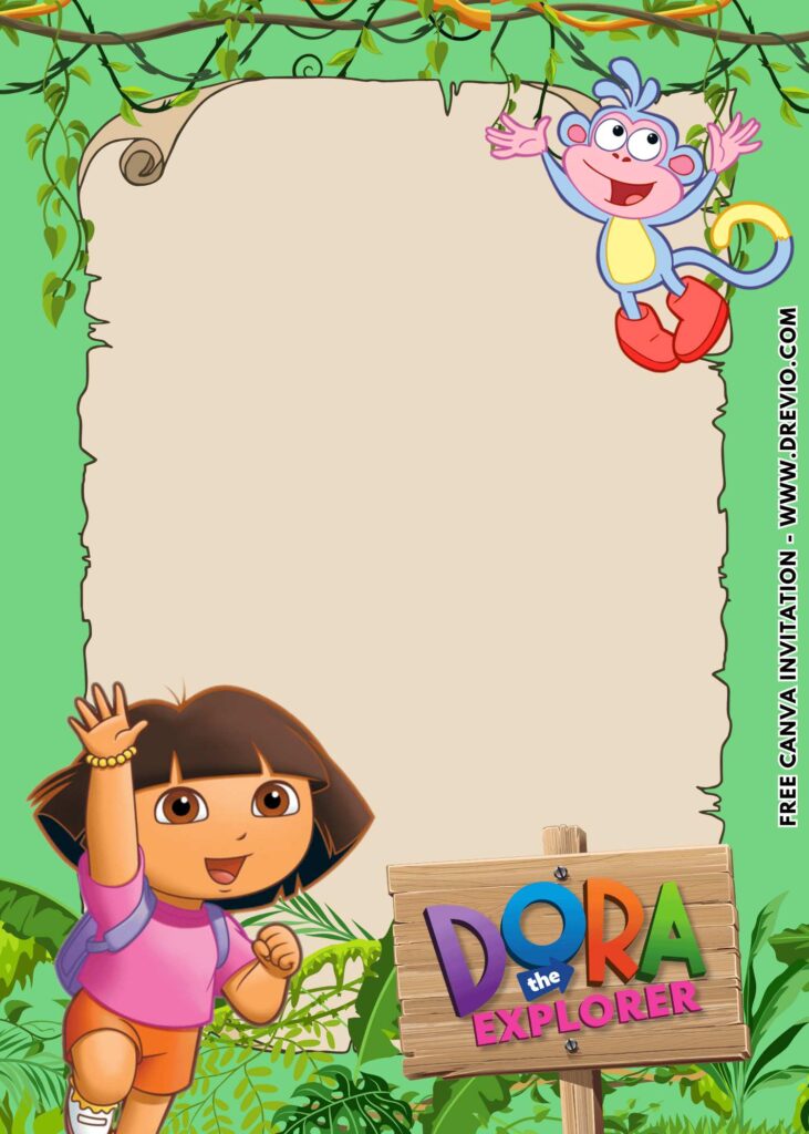 Free and Editable Cute Dora the Explorer Birthday Invitation Templates Made in Canva. Customize Online for free
