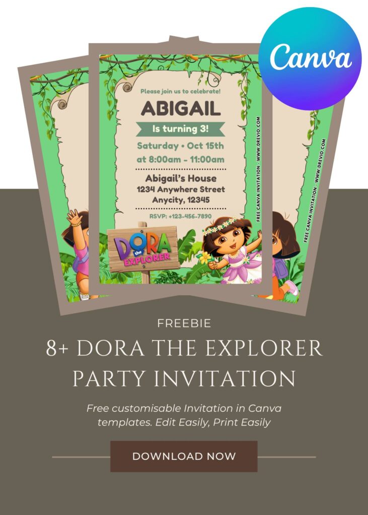 Free and Editable Dora the ExplorerJungle Birthday Invitation Templates Made in Canva. Customize Online for free
