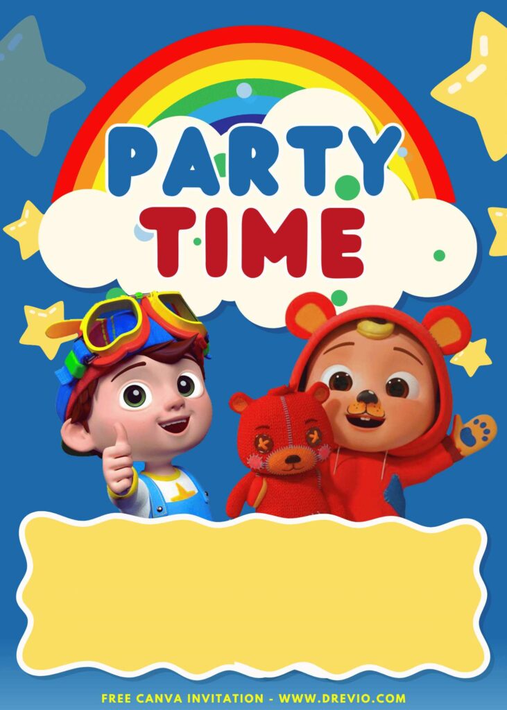 Free and Editable Rainbow Cocomelon Party Time YoYo and JJ in teddy bear suit Birthday Invitation Templates Made in Canva. Customize Online for free