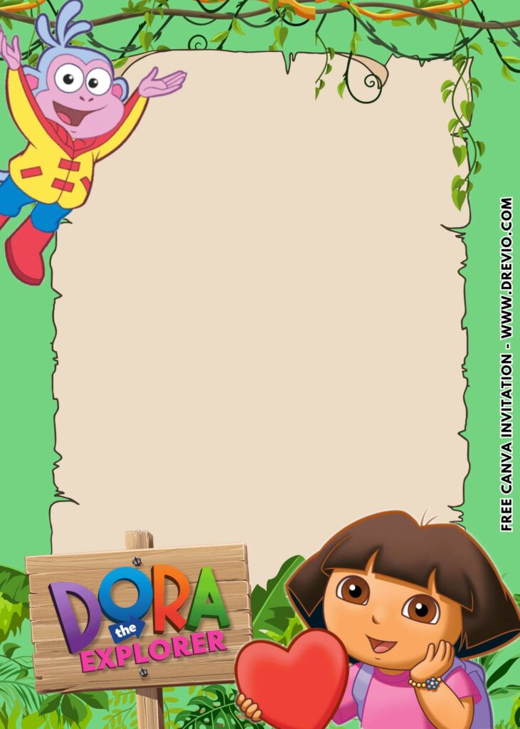 Free and Editable Adorable Dora the Explorer Birthday Invitation Templates Made in Canva. Customize Online for free