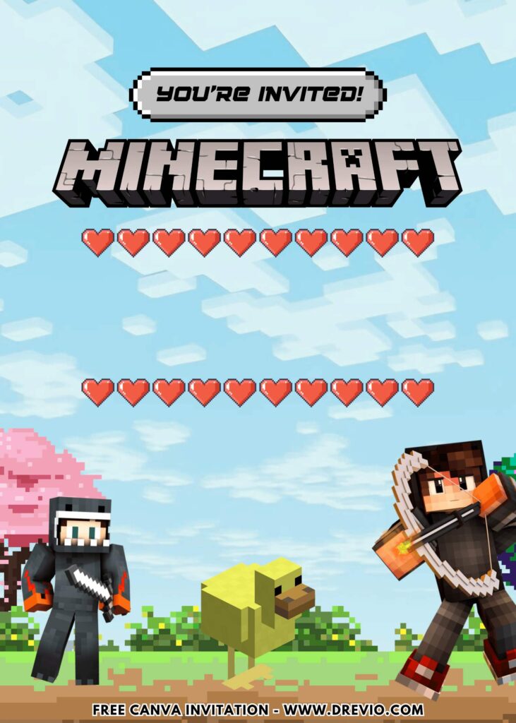 Free and Editable Epic Minecraft Gamer Sleepover Birthday Invitation Templates Made in Canva. Customize Online for free