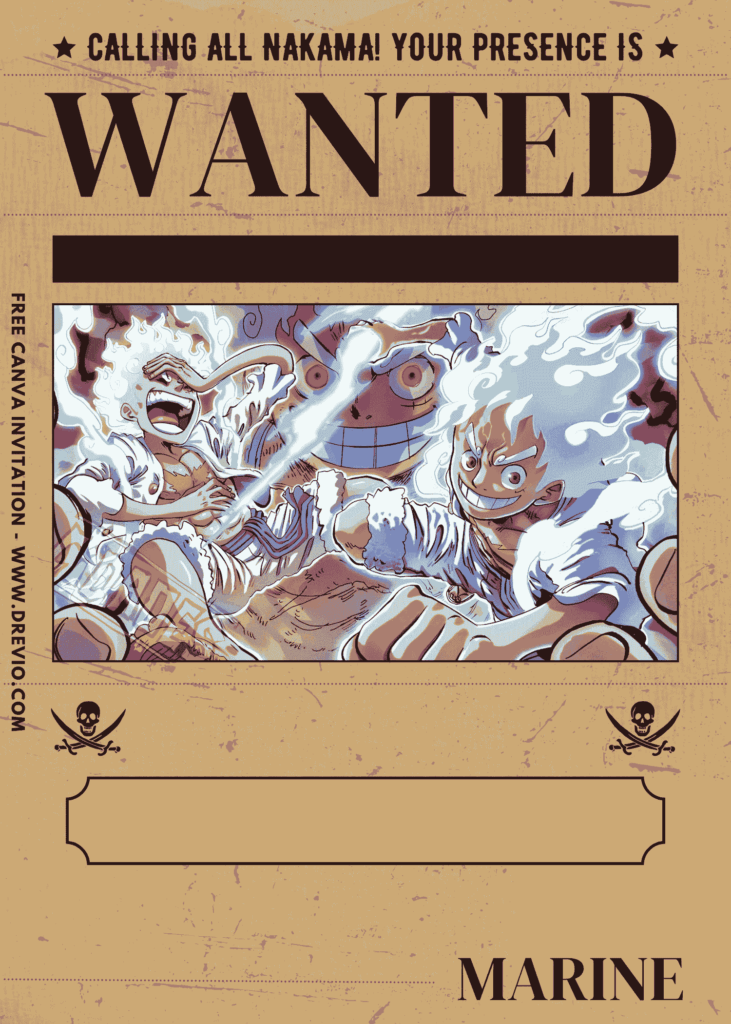 Free and Editable One Piece Luffy Gear 5 Punch Kaido Birthday Invitation Templates Made in Canva. Customize Online for free