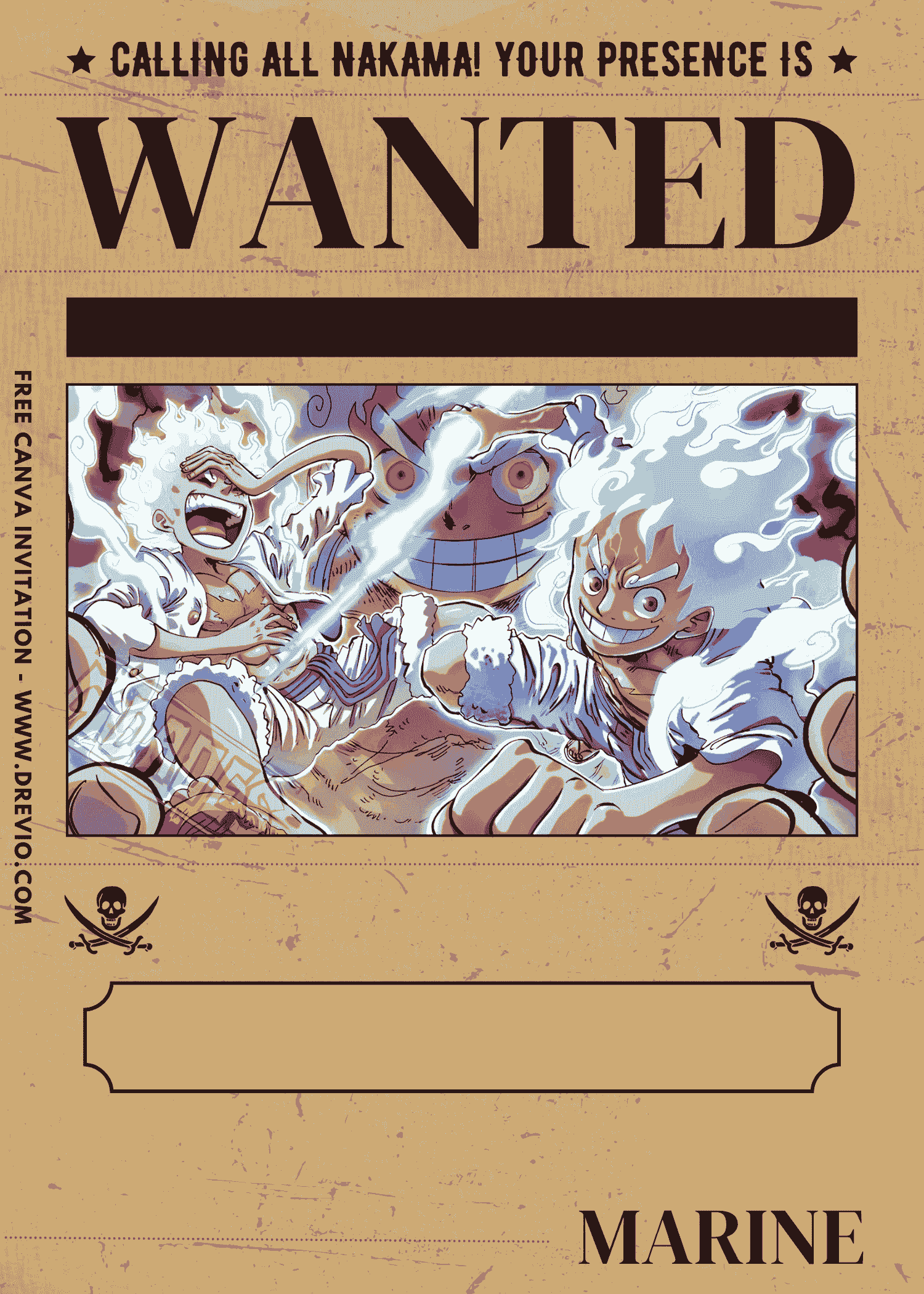 Free and Editable One Piece Luffy Gear 5 Punch Kaido Birthday Invitation Templates Made in Canva. Customize Online for free