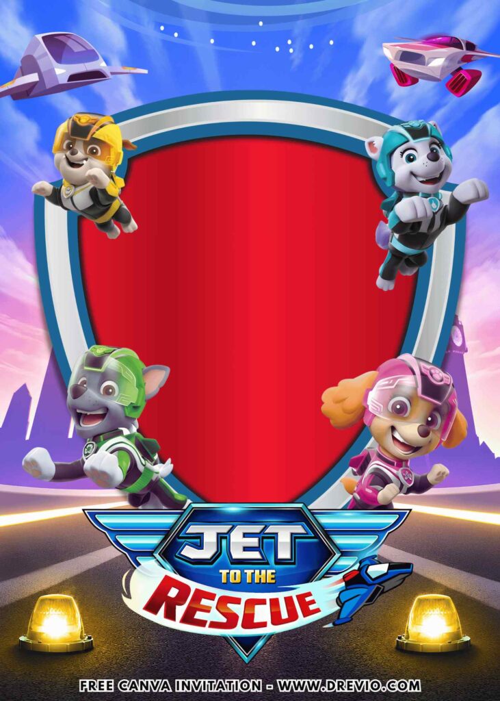 Free and Editable Everest Skye Rubble and Rocky PAW Patrol Jet to the Rescue Birthday Invitation Templates Made in Canva. Customize Online for free