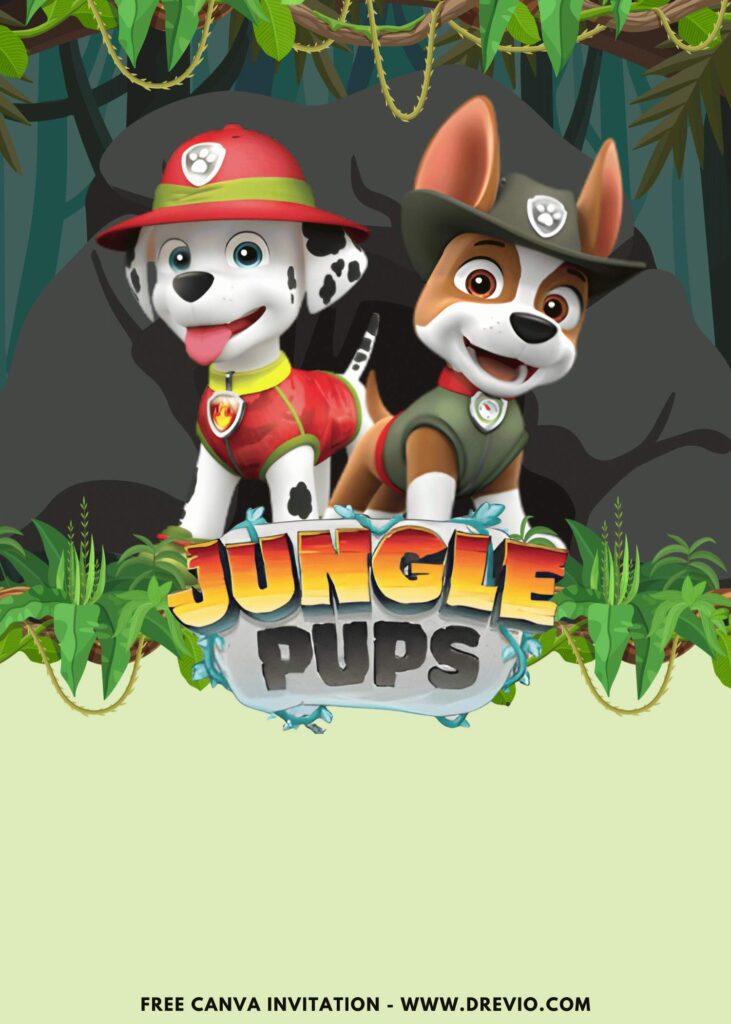 Free and Editable Adorable Marshall Paw Patrol Jungle Pups Birthday Invitation Templates Made in Canva. Customize Online for free