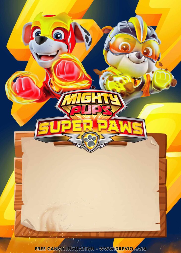 Free and Editable Rubble and Marshall PAW Patrol Mighty Pups Super PAWS Birthday Invitation Templates Made in Canva. Customize Online for free