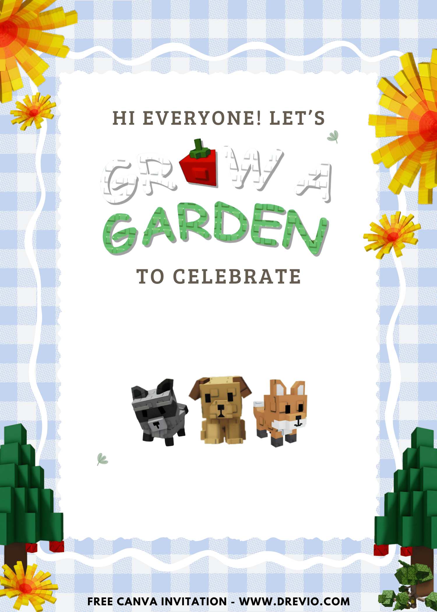 Free and Editable Dog Fox and Raccoon Roblox Grow A Garden Birthday Invitation Templates Made in Canva. Customize Online for free