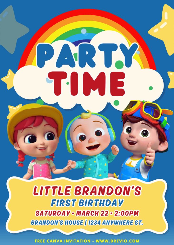 Free and Editable Rainbow Cocomelon Party Time Birthday Invitation Templates Made in Canva. Customize Online for free