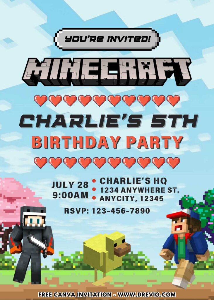 Free and Editable Minecraft Birthday Invitation Templates Made in Canva. Customize Online for free