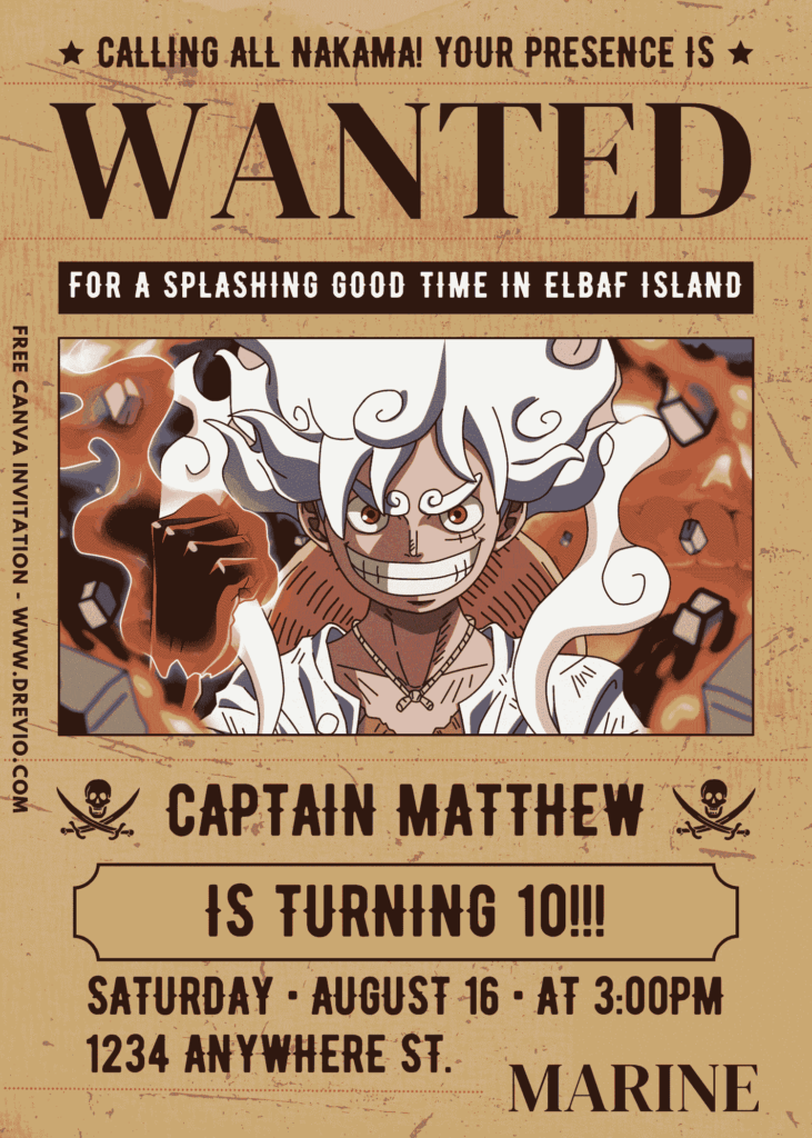 Free and Editable One Piece Red Hawk Luffy Gear 5 Birthday Invitation Templates Made in Canva. Customize Online for free