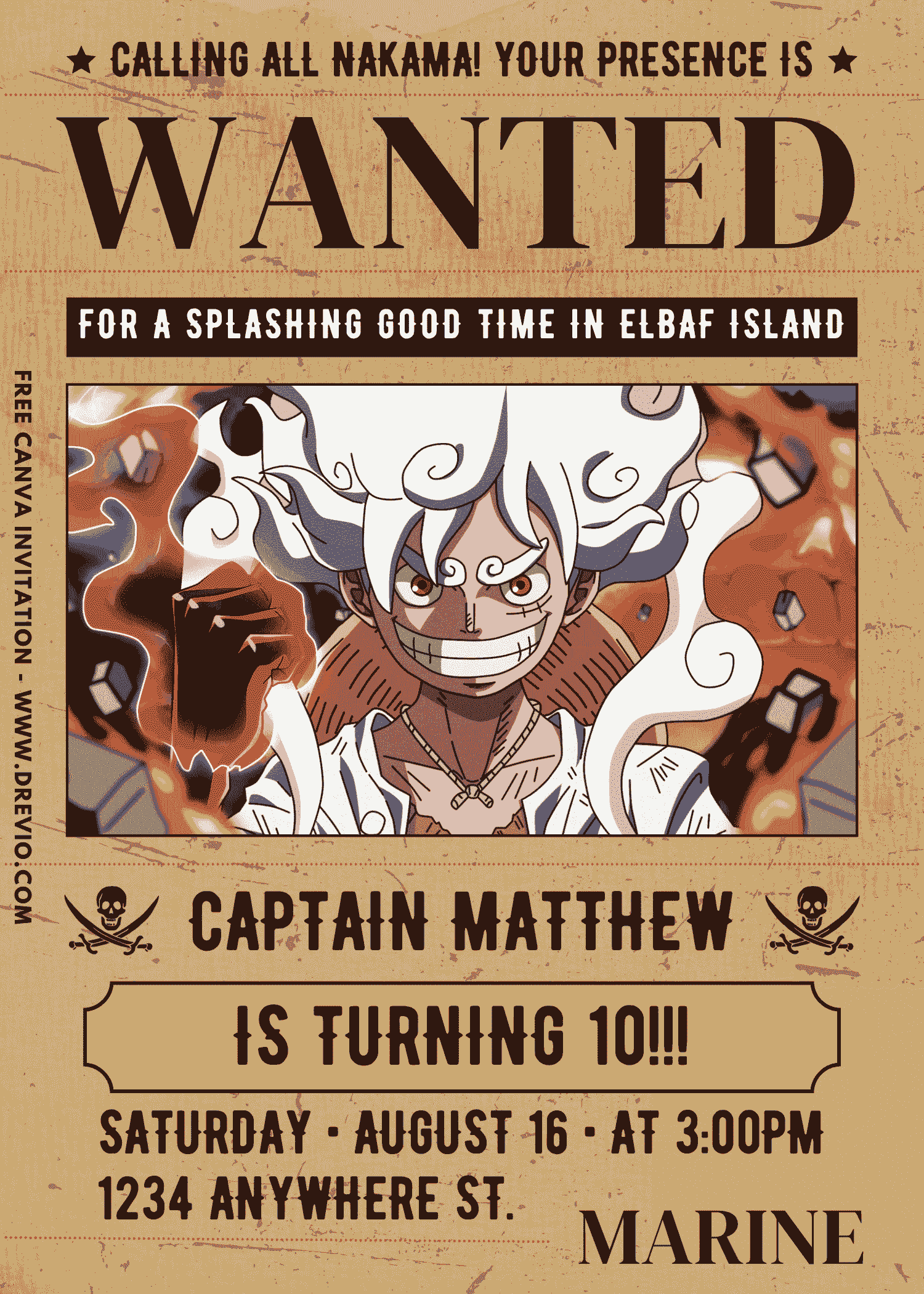 Free and Editable One Piece Red Hawk Luffy Gear 5 Birthday Invitation Templates Made in Canva. Customize Online for free