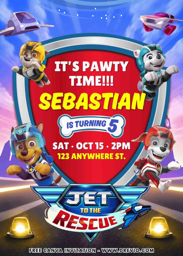 Free and Editable PAW Patrol Jet to the Rescue Birthday Invitation Templates Made in Canva. Customize Online for free