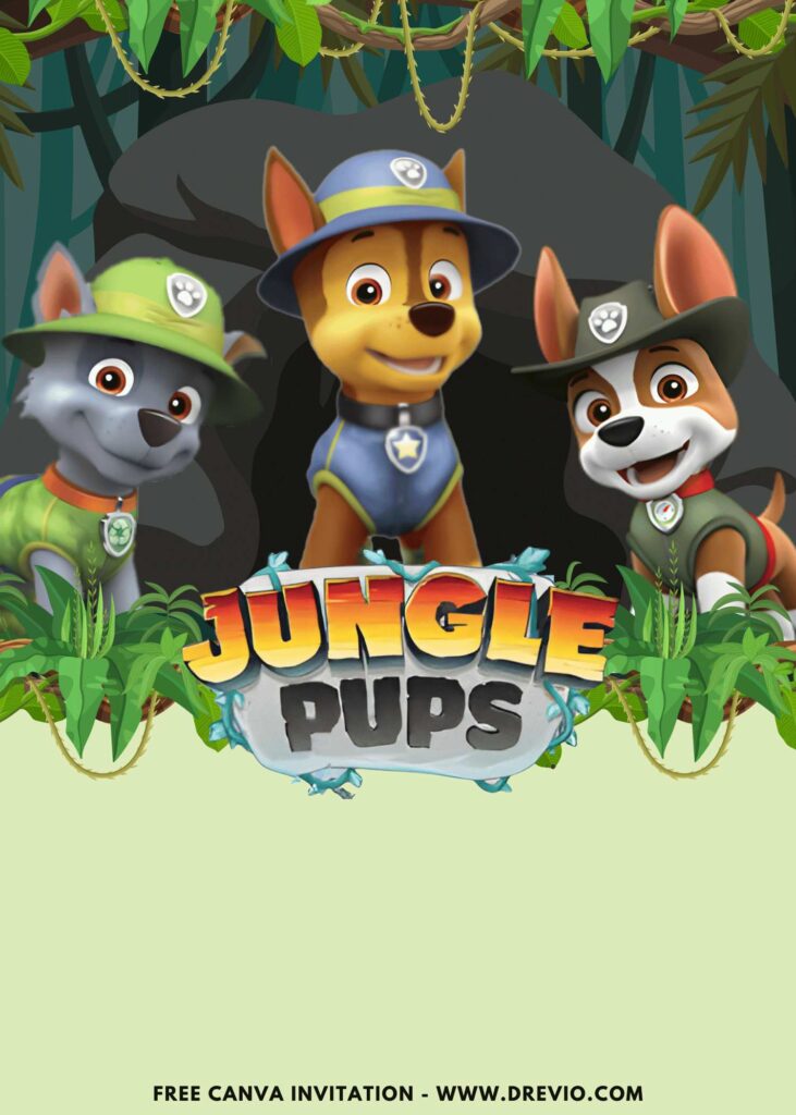 Free and Editable Zuma Marshall and Chase Paw Patrol Jungle Pups Birthday Invitation Templates Made in Canva. Customize Online for free