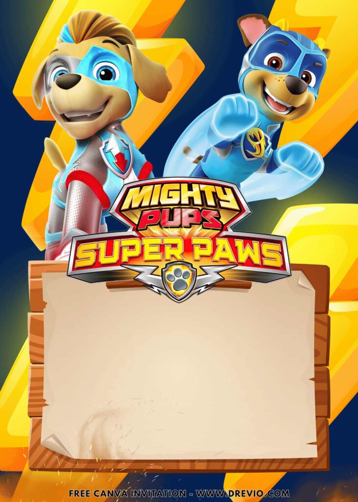 Free and Editable Chase and Marshall PAW Patrol Mighty Pups Super PAWS Birthday Invitation Templates Made in Canva. Customize Online for free