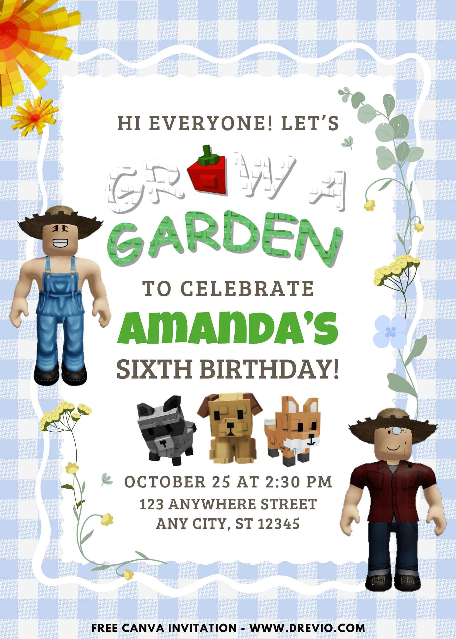 Free and Editable Adorable Roblox Grow A Garden Birthday Invitation Templates Made in Canva. Customize Online for free
