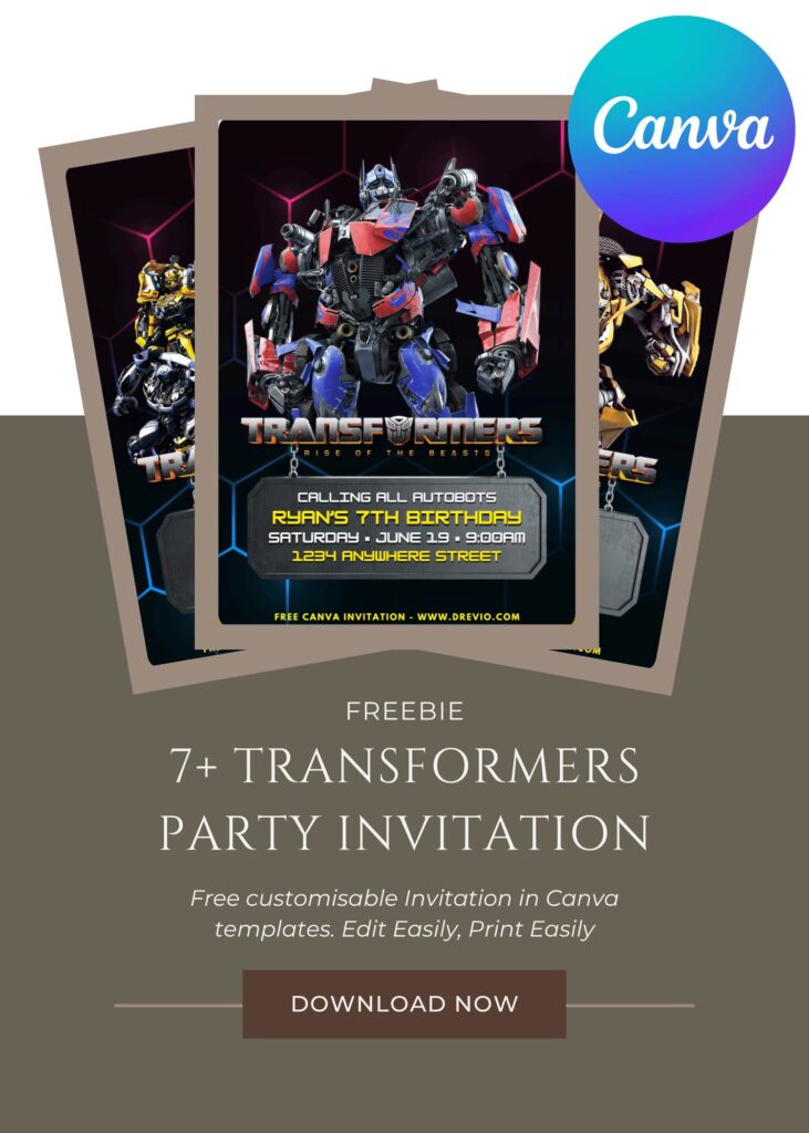 Free and Editable Transformers Rise of the Beast Birthday Invitation Templates Made in Canva. Customize Online for free