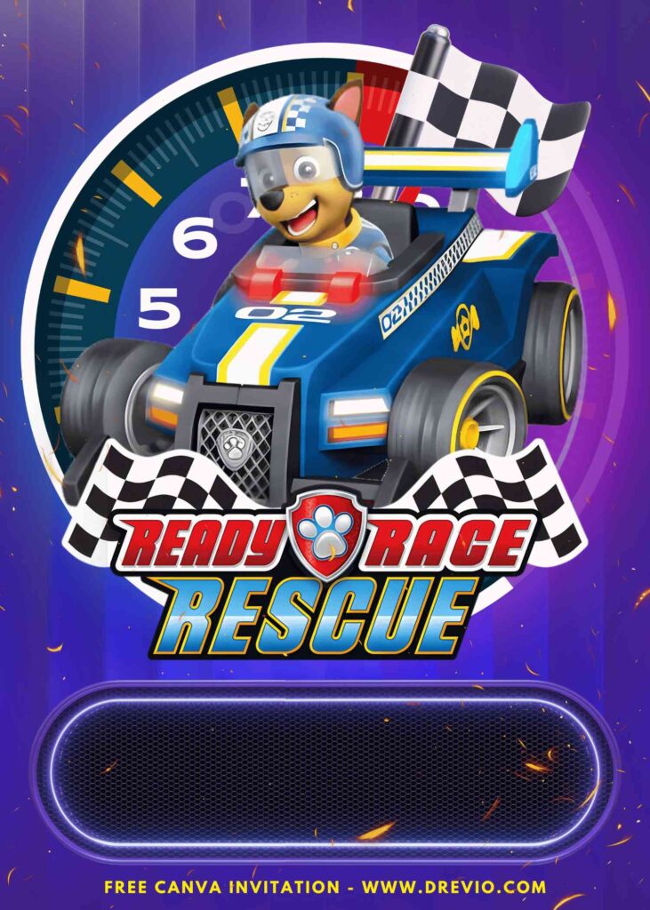 Free and Editable Epic Chase PAW Patrol Ready Race Rescue Birthday Invitation Templates Made in Canva. Customize Online for free