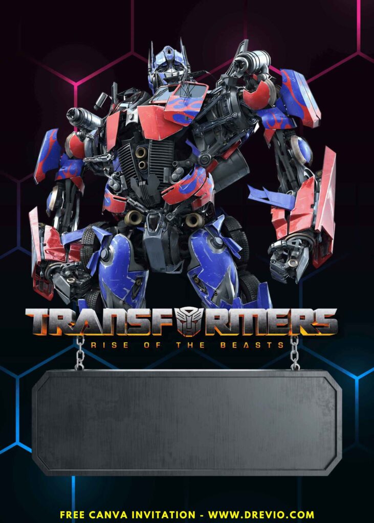 Free and Editable Awesome Optimus Prime Transformers Rise of the Beast Birthday Invitation Templates Made in Canva. Customize Online for free