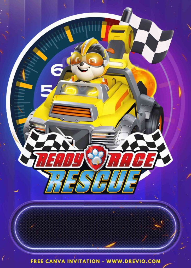 Free and Editable Epic Rubble Kart PAW Patrol Ready Race Rescue Birthday Invitation Templates Made in Canva. Customize Online for free