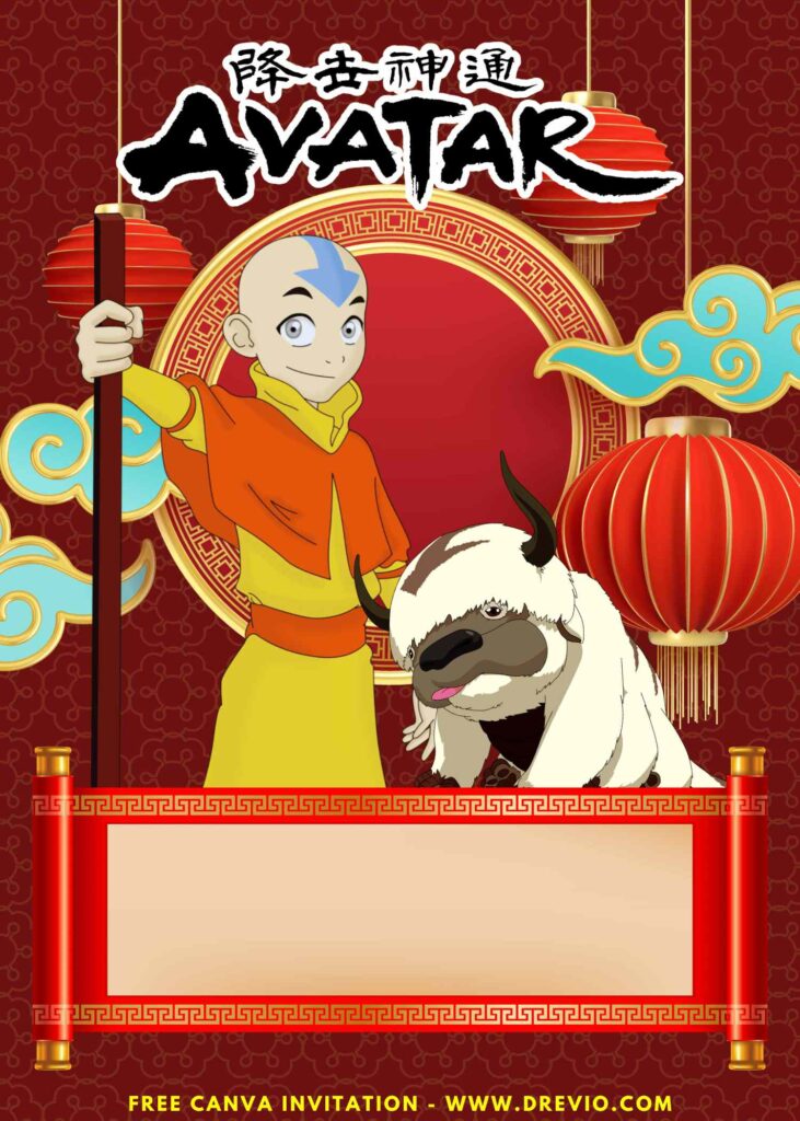 Free and Editable Avatar Aang and Appa Birthday Invitation Templates Made in Canva. Customize Online for free