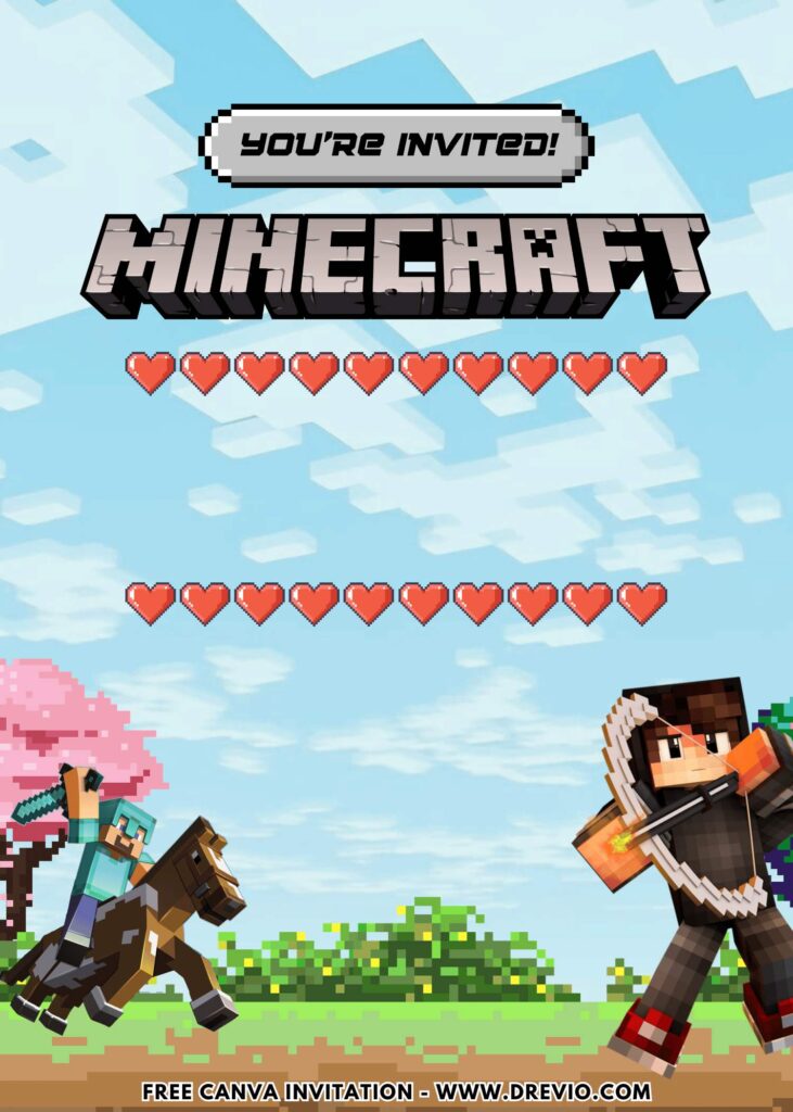Free and Editable Minecraft Archer and Horseman Birthday Invitation Templates Made in Canva. Customize Online for free