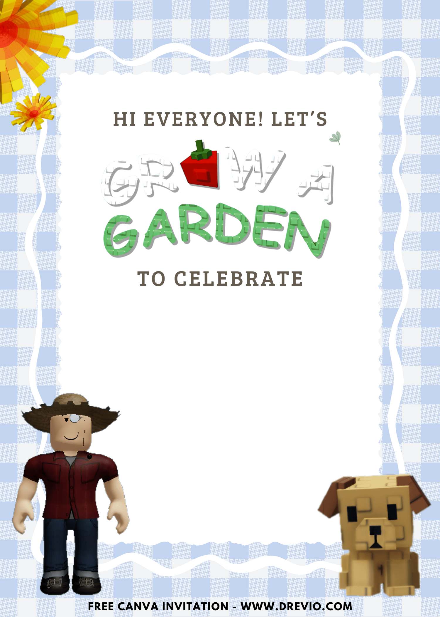 Free and Editable Roblox Grow A Garden Farmer Birthday Invitation Templates Made in Canva. Customize Online for free