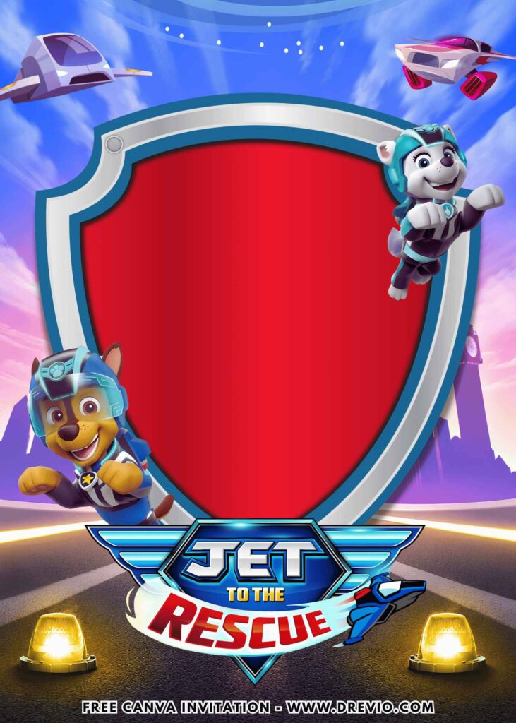 Free and Editable Chase and Everest PAW Patrol Jet to the Rescue Birthday Invitation Templates Made in Canva. Customize Online for free