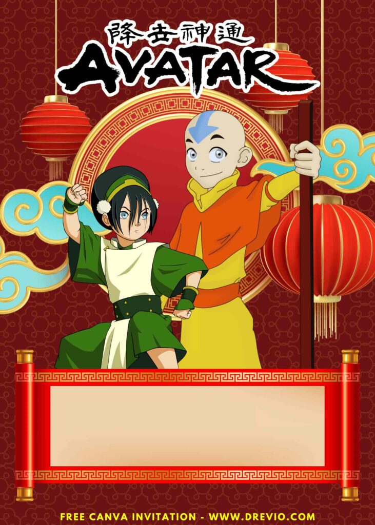 Free and Editable Avatar Aang and Toph Beifong Birthday Invitation Templates Made in Canva. Customize Online for free