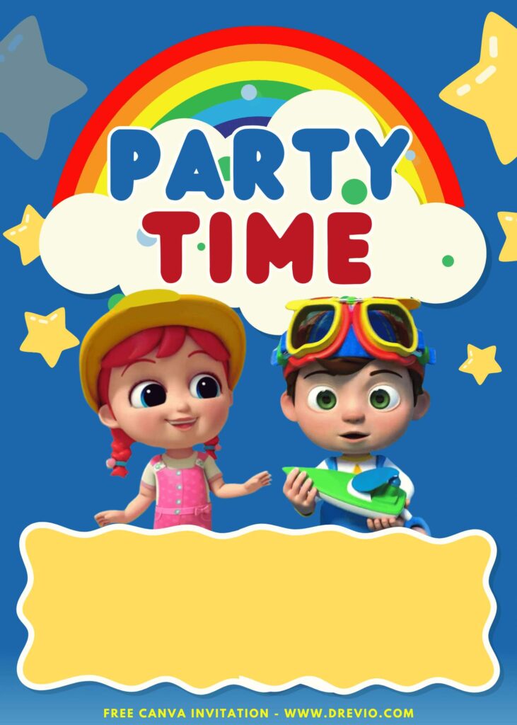 Free and Editable Rainbow Cocomelon Party Time YoYo and NiNa Birthday Invitation Templates Made in Canva. Customize Online for free