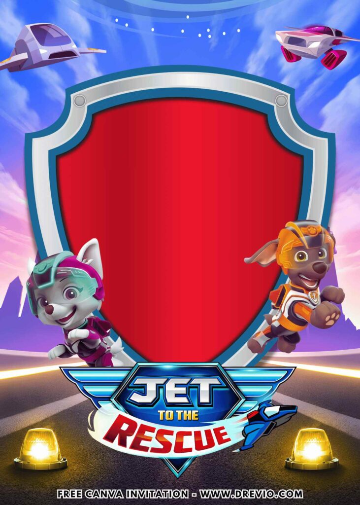 Free and Editable Zuma and Everest PAW Patrol Jet to the Rescue Birthday Invitation Templates Made in Canva. Customize Online for free