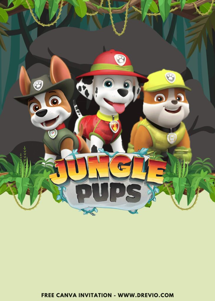Free and Editable Marshall Rubble Paw Patrol Jungle Pups Birthday Invitation Templates Made in Canva. Customize Online for free