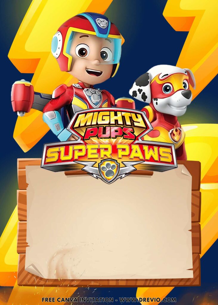 Free and Editable Marshall and Ryder PAW Patrol Mighty Pups Super PAWS Birthday Invitation Templates Made in Canva. Customize Online for free