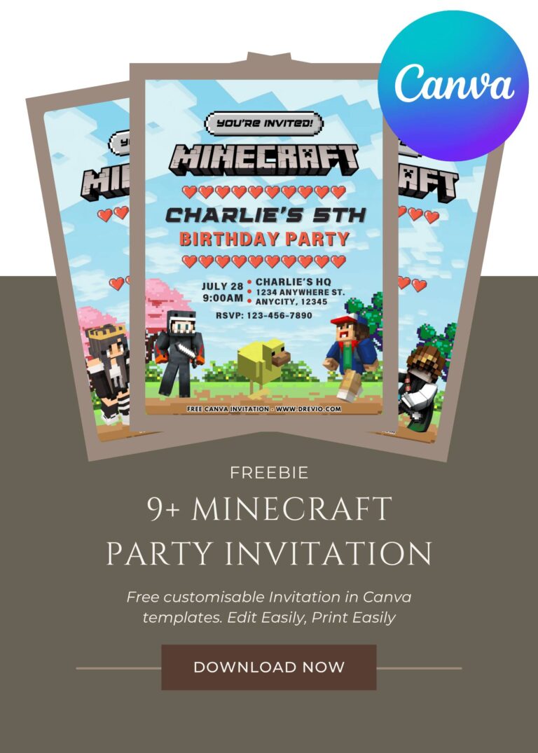 Free and Editable Adorable Minecraft Birthday Invitation Templates Made in Canva. Customize Online for free