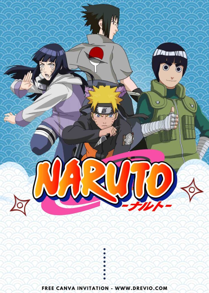 Free and Editable Naruto Hinata Rock Lee and Sasuke Birthday Invitation Templates Made in Canva. Customize Online for free