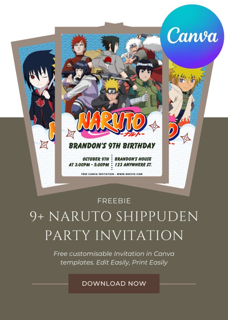 Free and Editable Epic Naruto Shippuden Birthday Invitation Templates Made in Canva. Customize Online for free