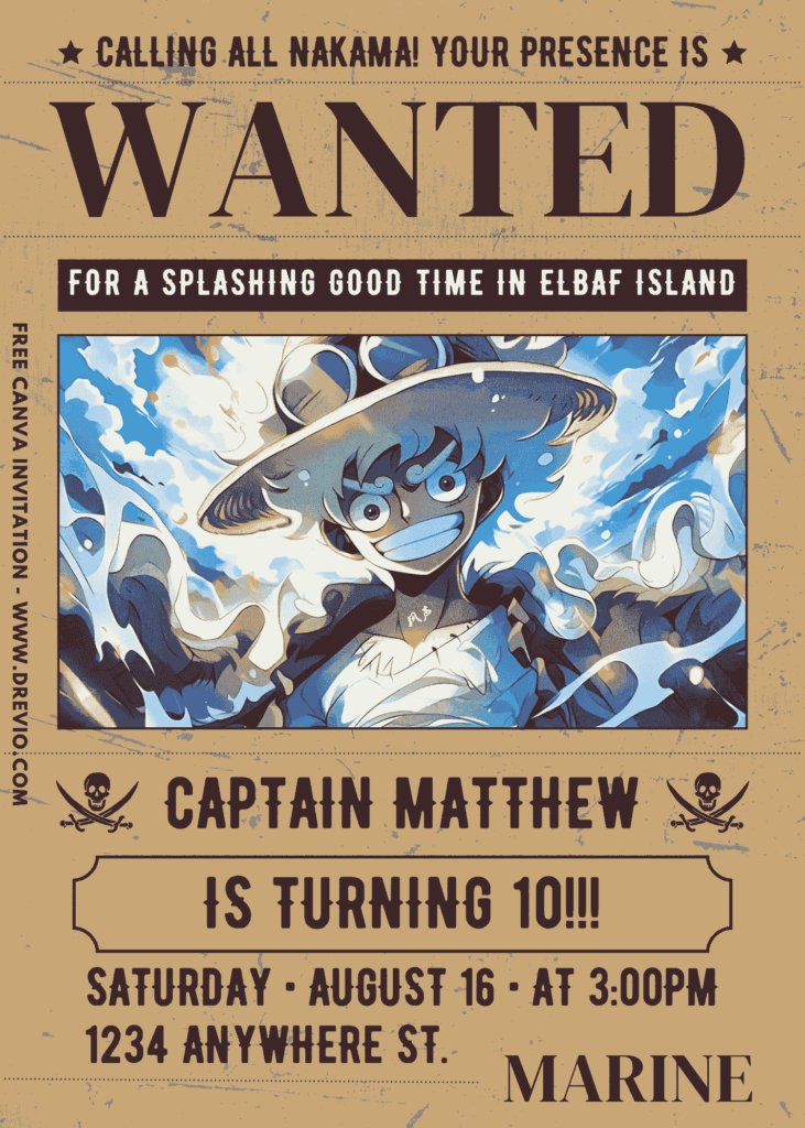 Free and Editable One Piece Monkey D. Luffy Gear 5 Birthday Invitation Templates Made in Canva. Customize Online for free