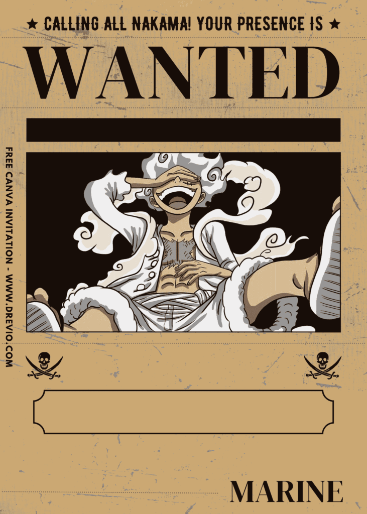 Free and Editable One Piece Luffy Gear 5 Birthday Invitation Templates Made in Canva. Customize Online for free