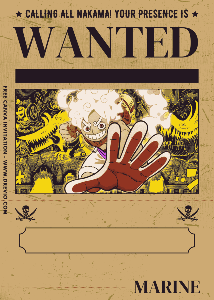 Free and Editable Sun God Nika Luffy One Piece Birthday Invitation Templates Made in Canva. Customize Online for free