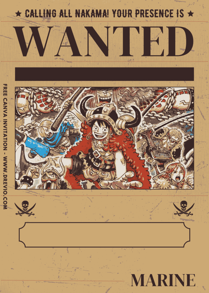 Free and Editable Luffy in the Giant Elbaph Island One Piece Birthday Invitation Templates Made in Canva. Customize Online for free