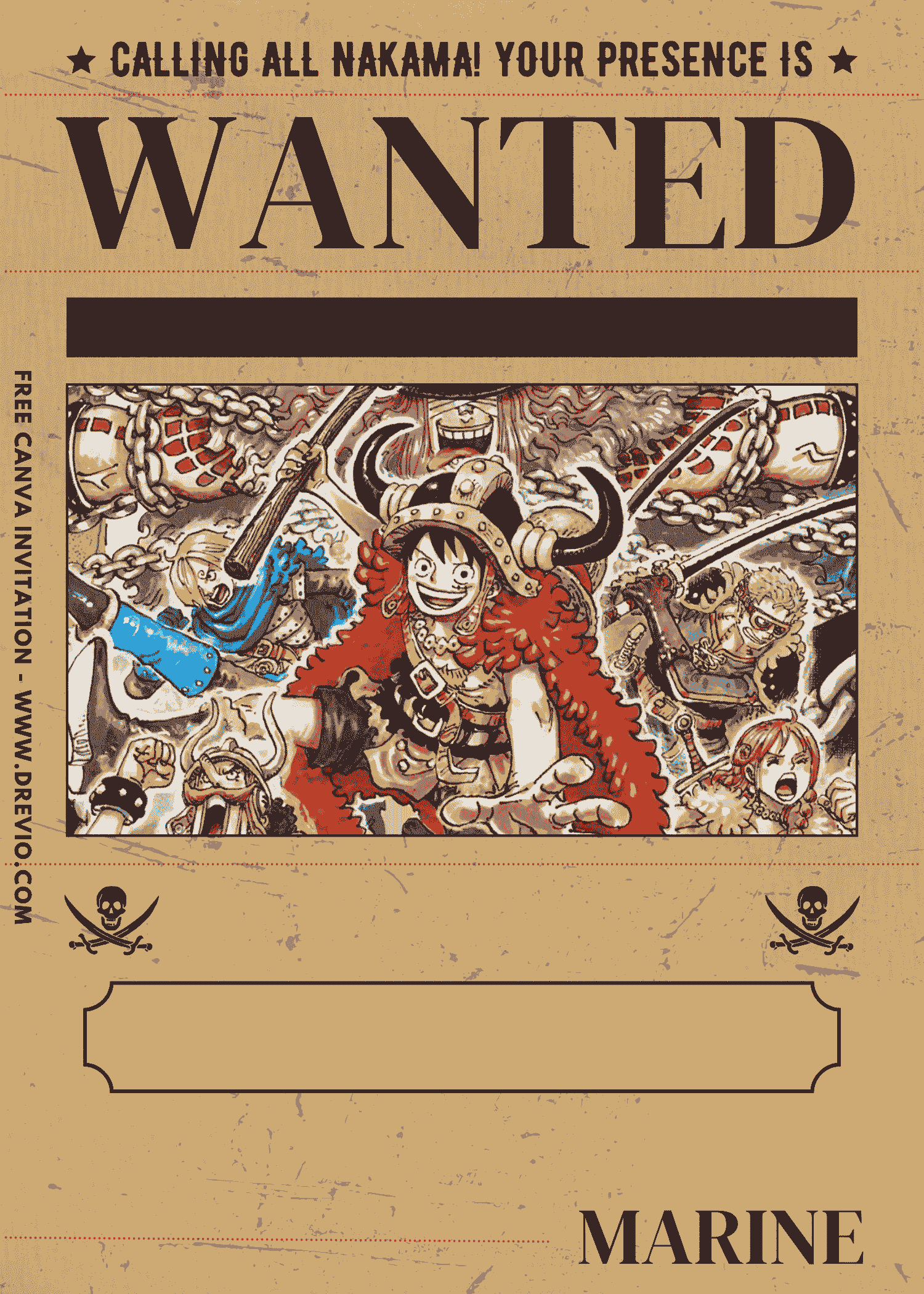 Free and Editable Luffy in the Giant Elbaph Island One Piece Birthday Invitation Templates Made in Canva. Customize Online for free