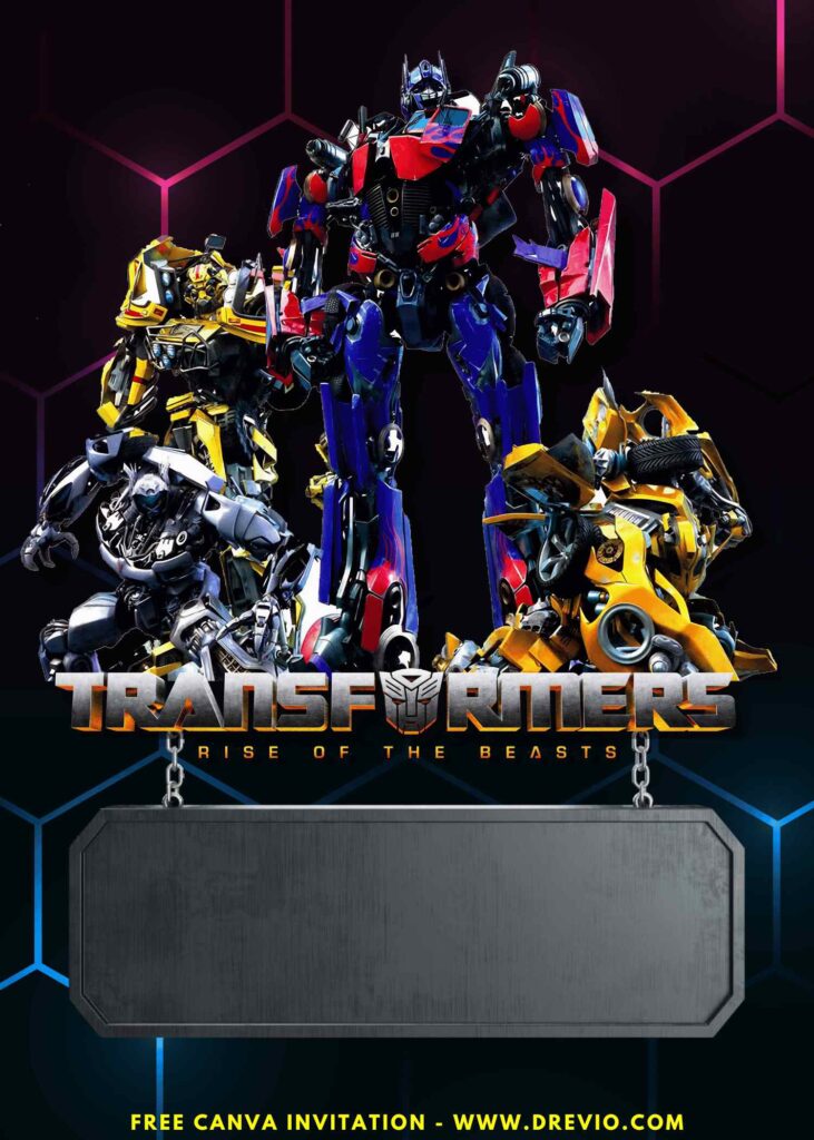 Free and Editable Optimus Prime and Bumblebee Transformers Birthday Invitation Templates Made in Canva. Customize Online for free